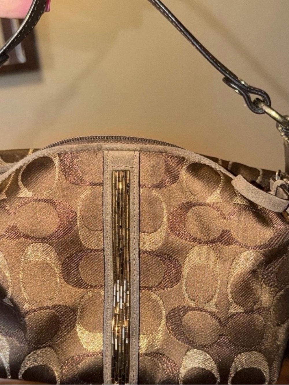 Coach Brown Signature Shoulder Bag with Beaded Center Trim